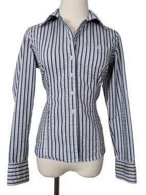 Y2K Reitmans Striped Button Up Shirt Seersucker Size Small Blue Business